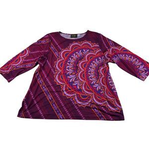 Bob Mackie Wearable Art Tunic Top Womens SIze XL 3/4 Sleeve Pullover Purple‎